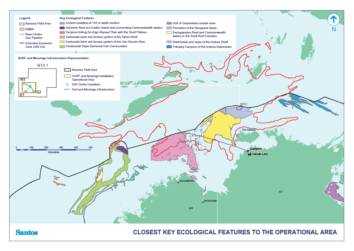 Closest key ecological features to the operational area and EMBA